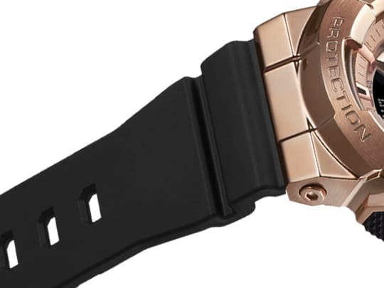 Detail of watch band on G-SHOCK Rose gold colored metal covered GMS110 analog digital watch