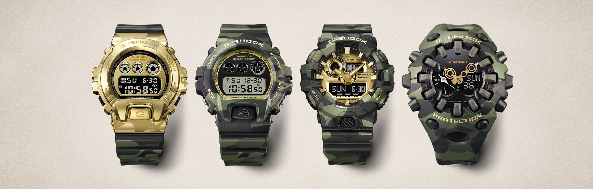 G-SHOCK Camo Gold Series GM6900CMG-3, DW6900CMG-3, GA700CMG-3A, GAV01CMG-3A
