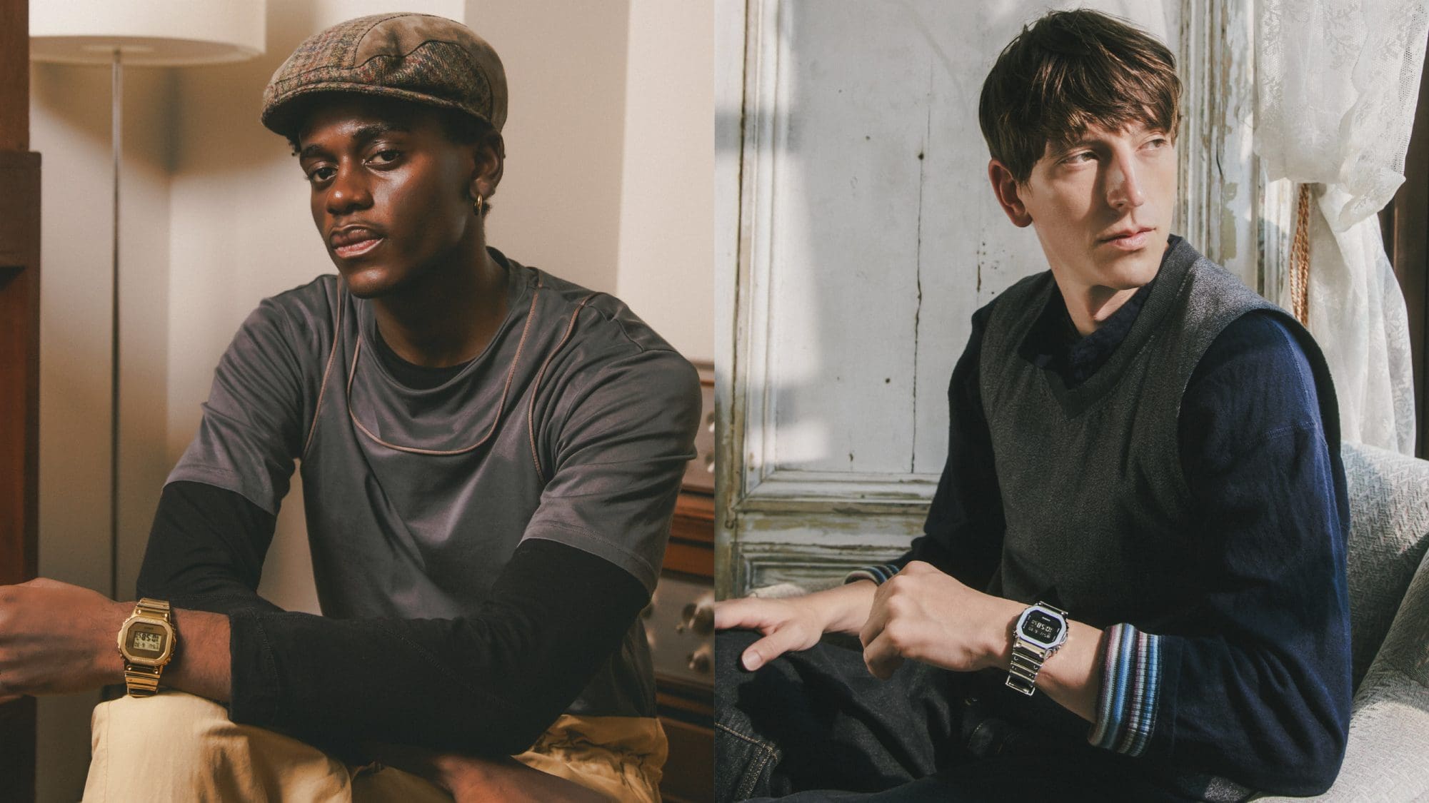 One man wearing a gold watch, a second wearing a silver watch. Both denote the style of the G-SHOCK Fine Metallic series