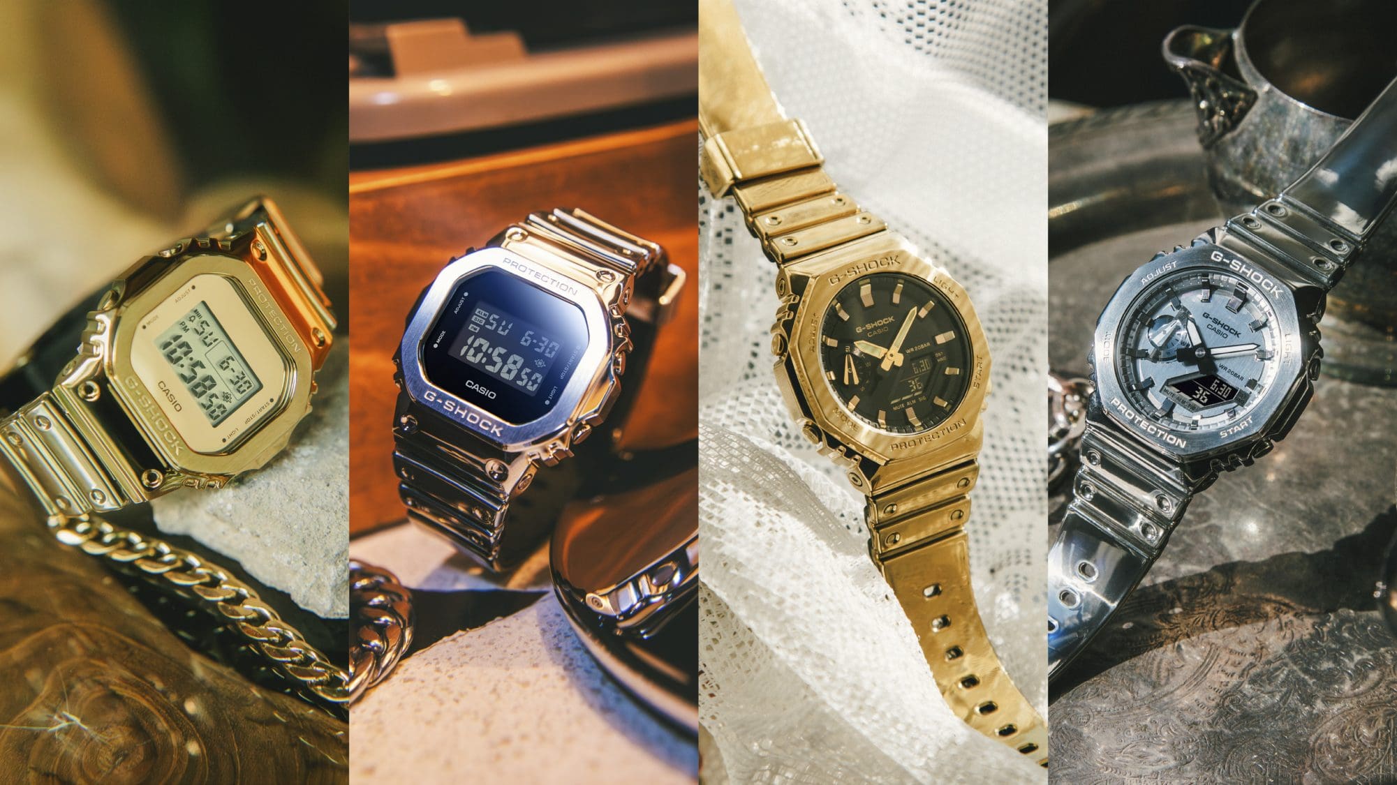 Alternating gold and silver watches. From left: G-SHOCK GM5600YMG-9, GM5600YM-8, GM2100YMG-9A, GM2100YM-8A