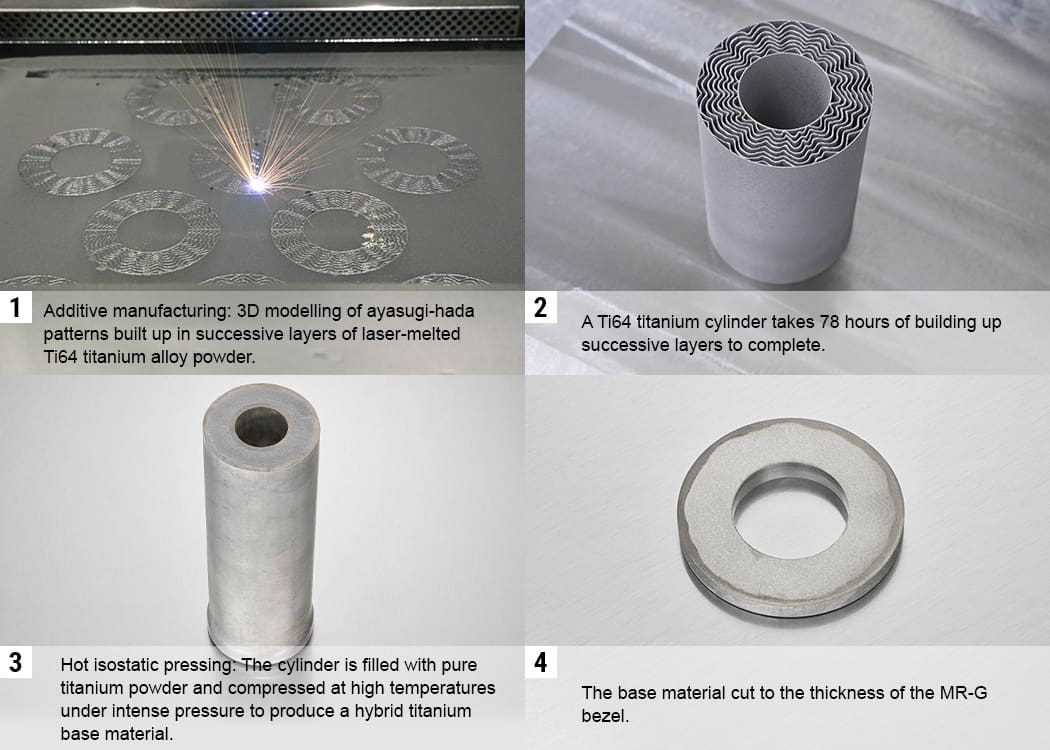 Manufacturing process 1) additive manufacturing: 3D modelling of ayasugi-hada patterns built up in successive layers of laser melted Ti64 titanium alloy powder. 2) A Ti64 titanium cylinder takes 78 hours of building up successive layers to complete. 3) Hot isostatic pressing: The cylinder is filled with pure titanium powder and compressed at high temperatures under intense pressure to produce a hybrid titanium base material. 4) The base material cut to the thickness of the MR-G bezel. Manufacturing process 1) additive manufacturing: 3D modelling of ayasugi-hada patterns built up in successive layers of laser melted Ti64 titanium alloy powder. 2) A Ti64 titanium cylinder takes 78 hours of building up successive layers to complete. 3) Hot isostatic pressing: The cylinder is filled with pure titanium powder and compressed at high temperatures under intense pressure to produce a hybrid titanium base material. 4) The base material cut to the thickness of the MR-G bezel.