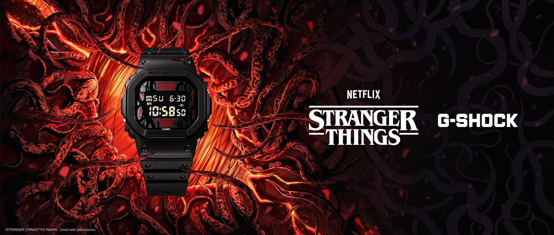 GSHOCK DW5600STT-1 watch in a horror setting denoting Strangers Things merch x GSHOCK collab
