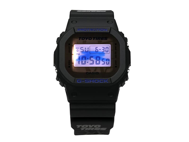 G-SHOCK x Toyo Tires DW5600TT25-1 soecuak LED light image showcasing Toyo Tires Proxes' "R" logo