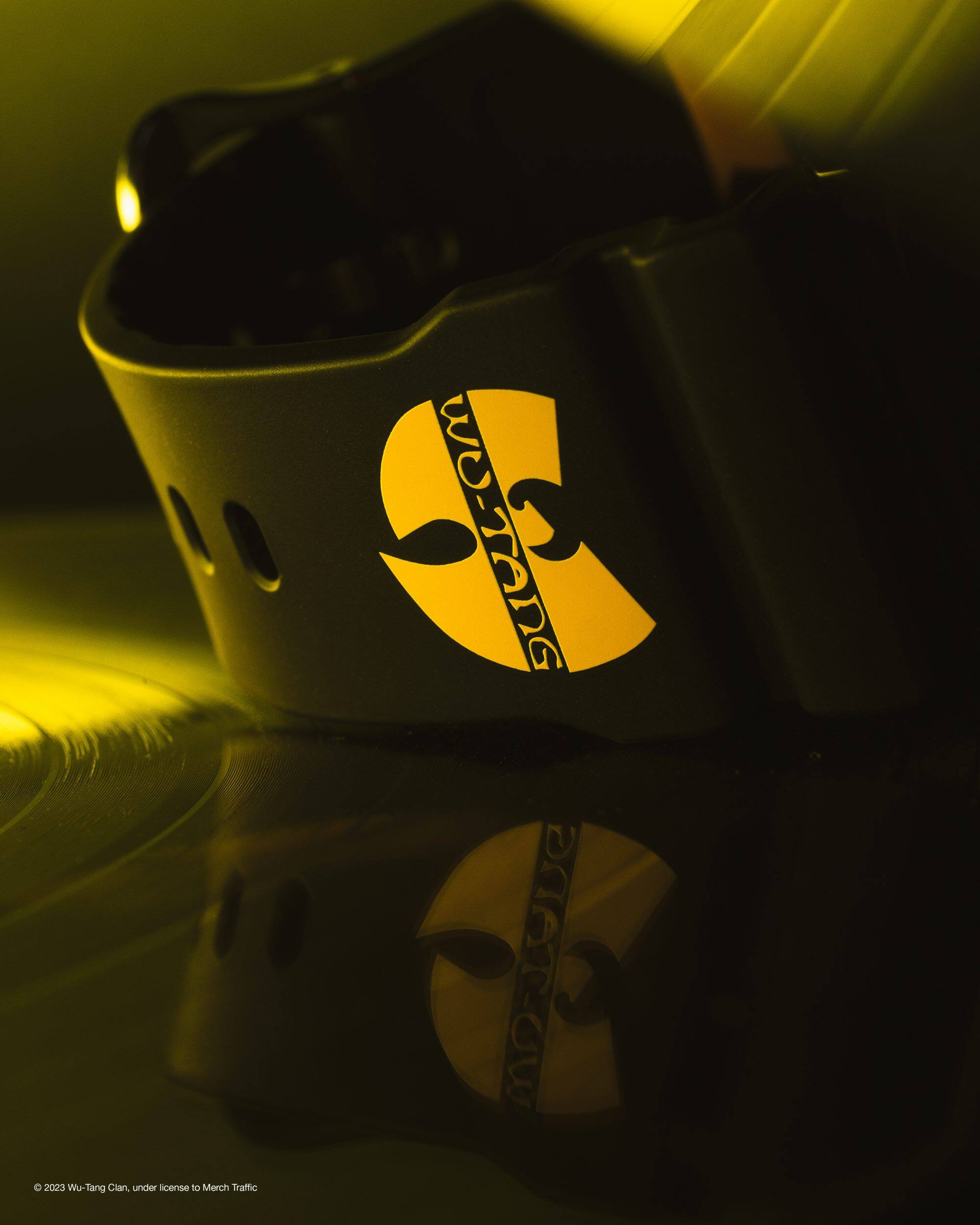 close up shot of the brand Wu-Tang logo print of Wu-Tang watch. 