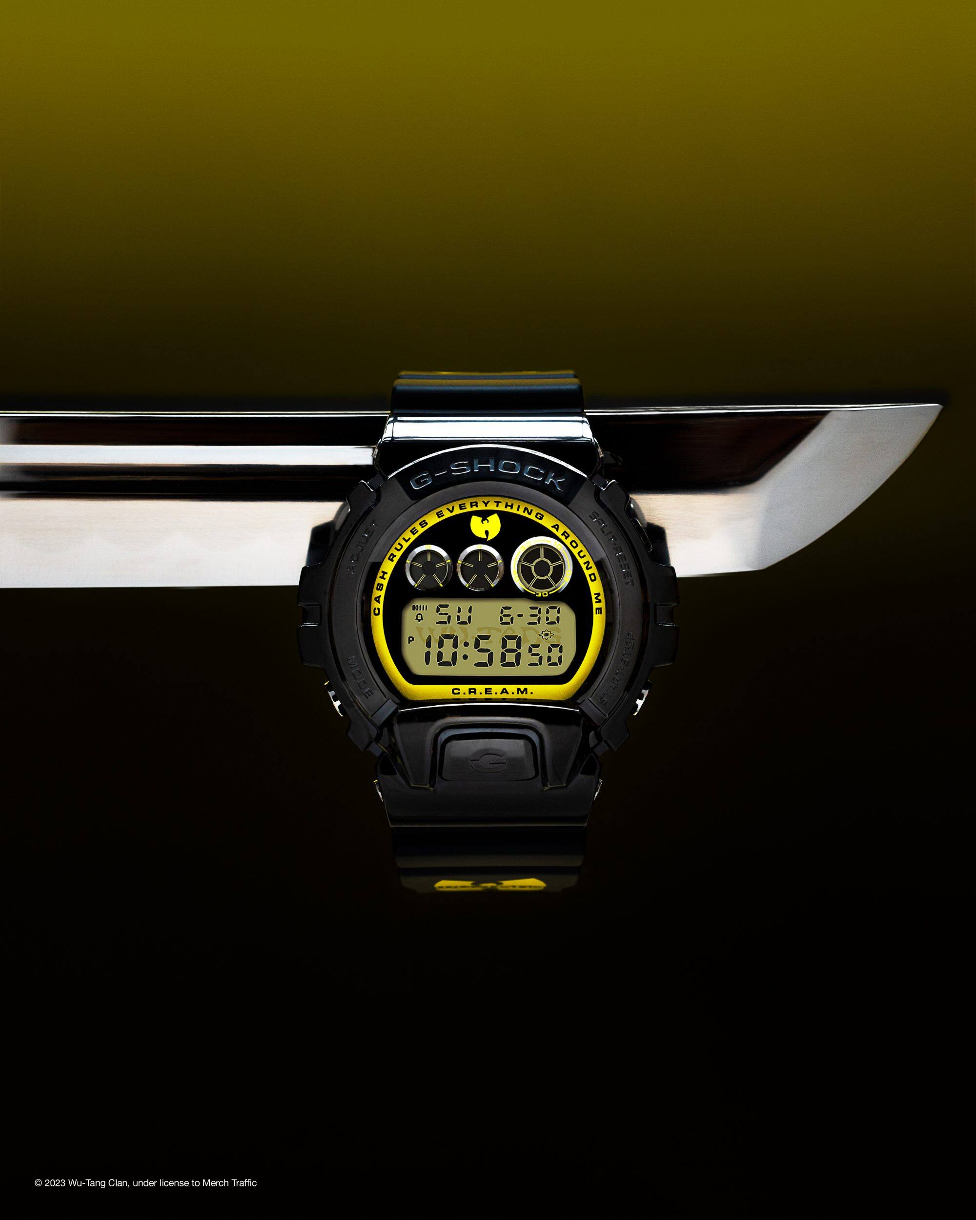 Wu-Tang watch displayed on the blade of a sword