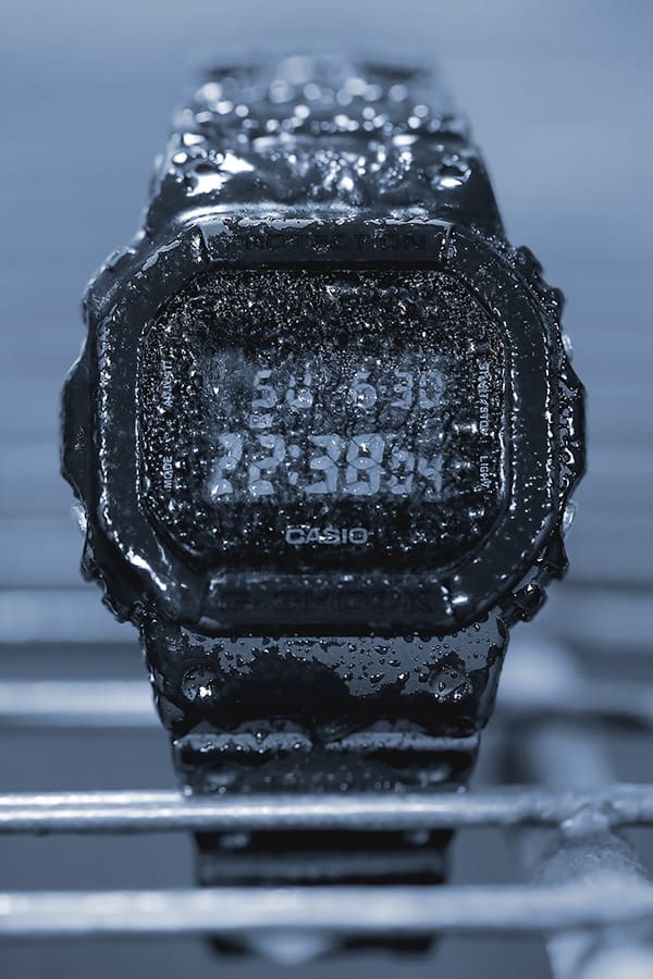 G-SHOCK DW5600UBB-1 mil-spec watch undergoing the MIL-STD-810 freeze/thaw test denoting toughness.
