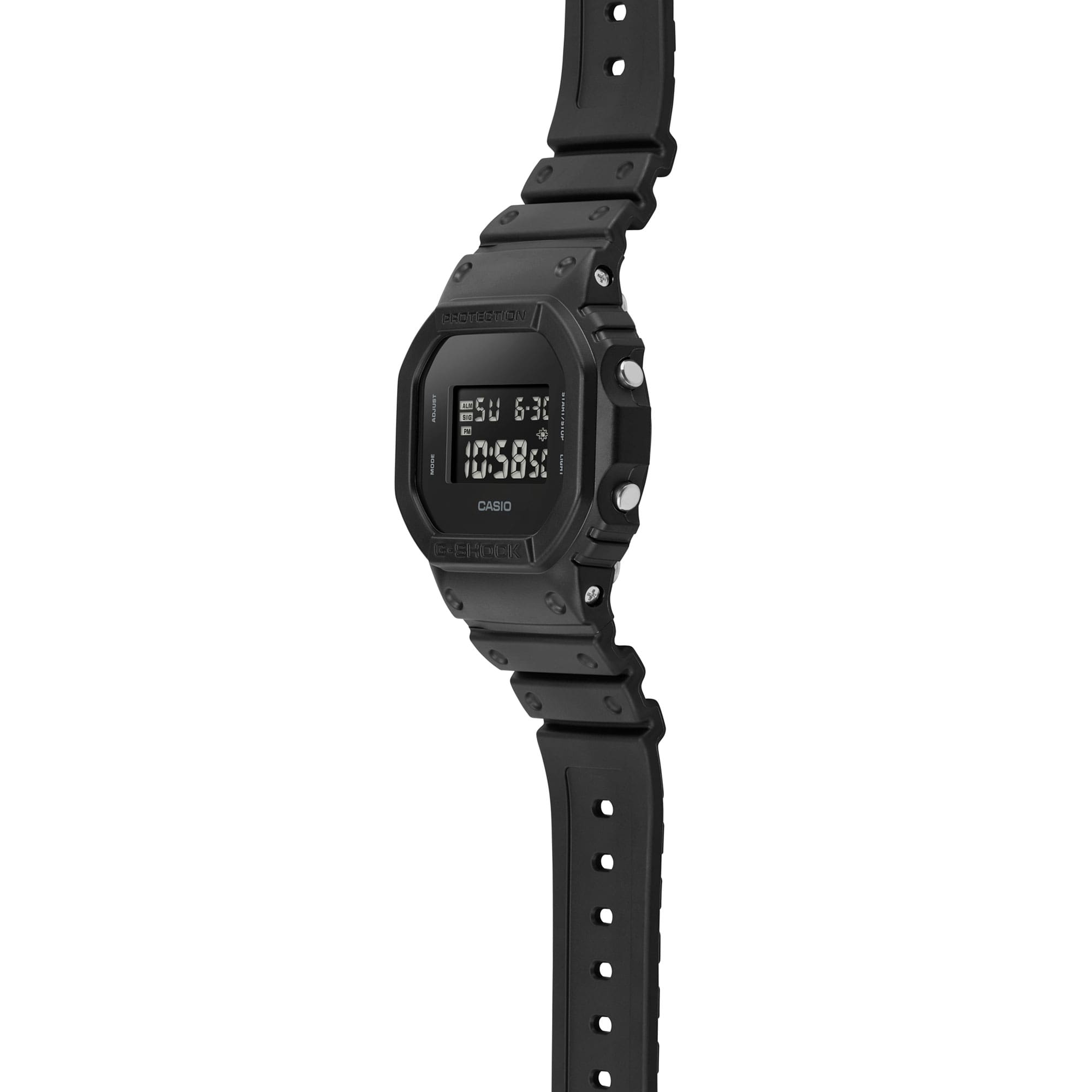 G-SHOCK DW5600UBB-1 mil-spec watch side view denoting style and a thin case.