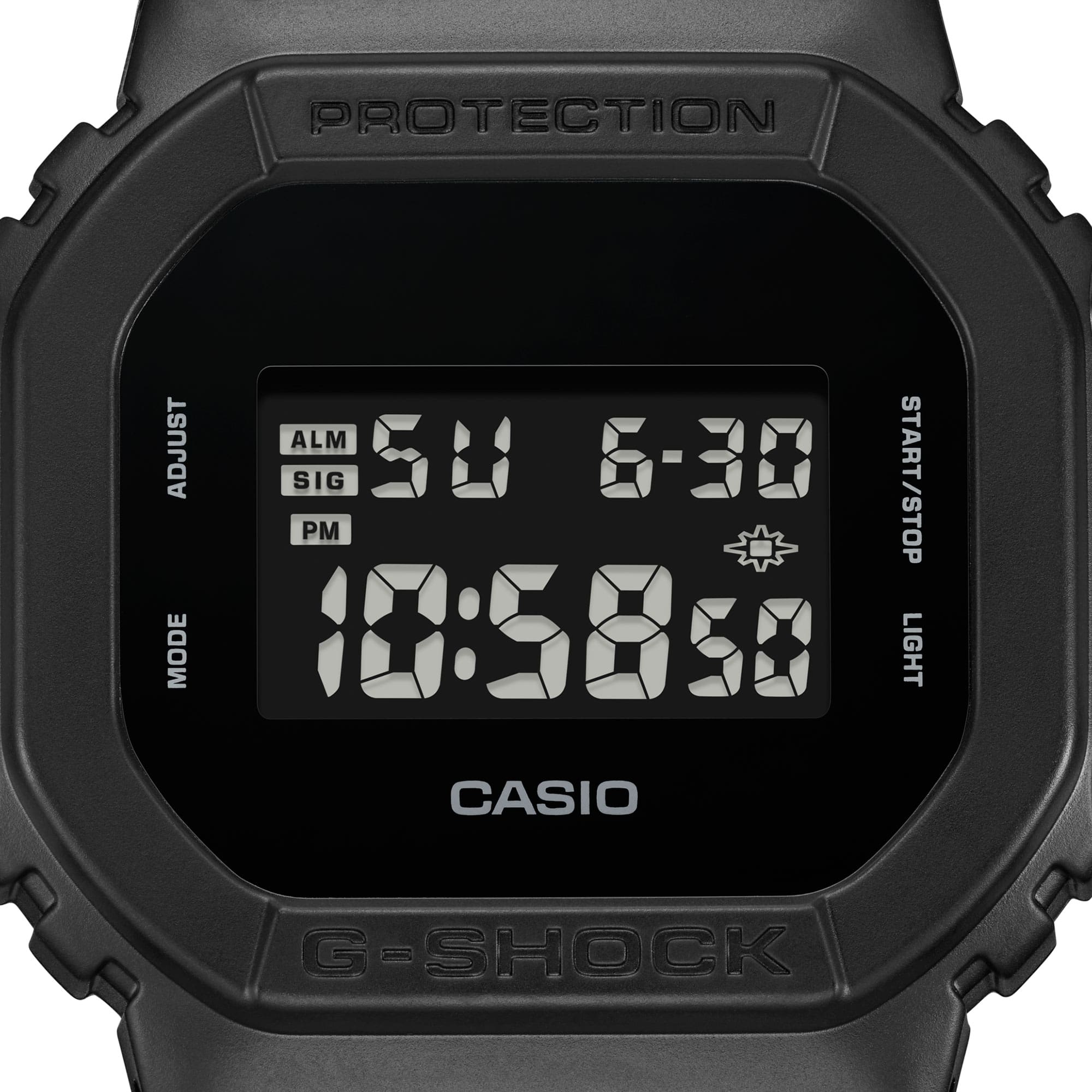 Close-up of G-SHOCK DW5600UBB-1 mil-spec watch denoting detail.