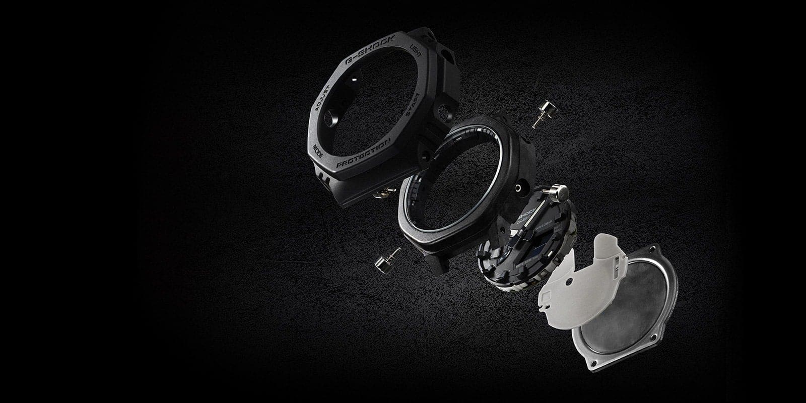 G-SHOCK GA2100-1A1 mil-spec watch exploded view denoting tough construction.