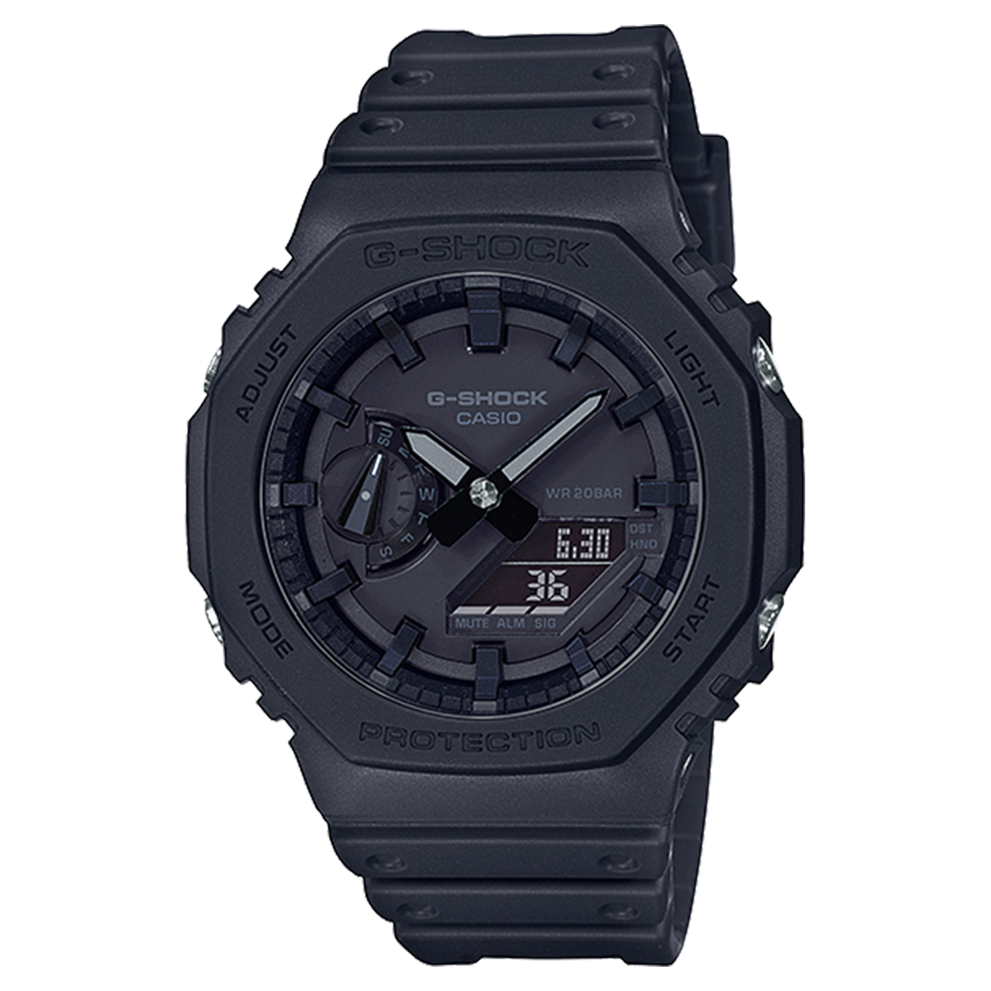 G-SHOCK GA2100-1A1 mil-spec watch front view denoting style.