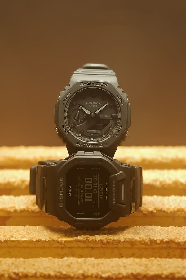 From top: G-SHOCK GA2100-1A1 and GBD200-1 mil-spec watches undergoing the MIL-STD-810 salt fog test denoting toughness.
