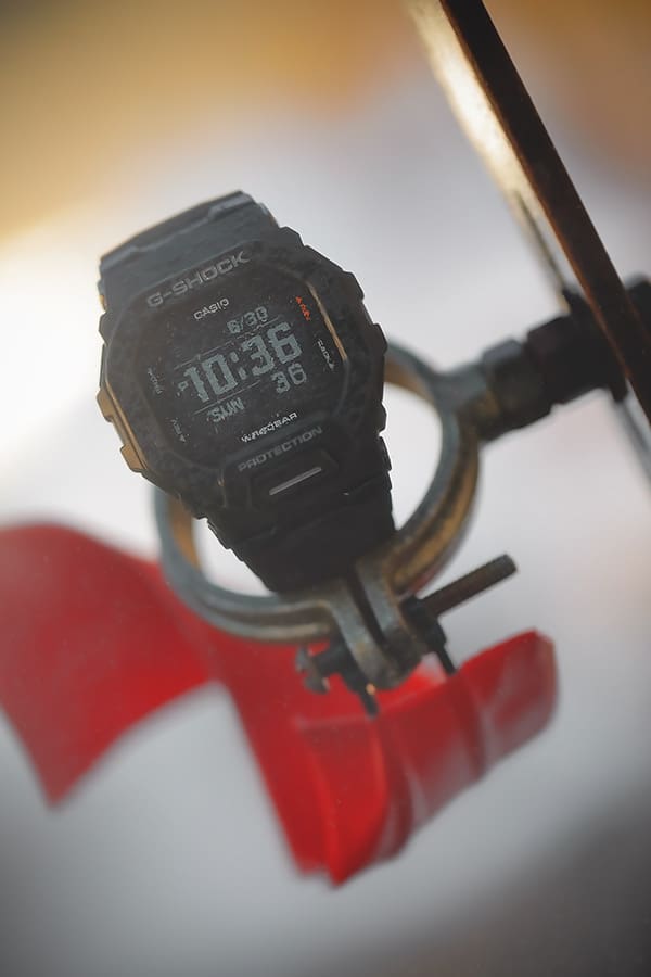 G-SHOCK GBD200-1 mil-spec watch endures the MIL-STD-810 blowing rain test denoting toughness.