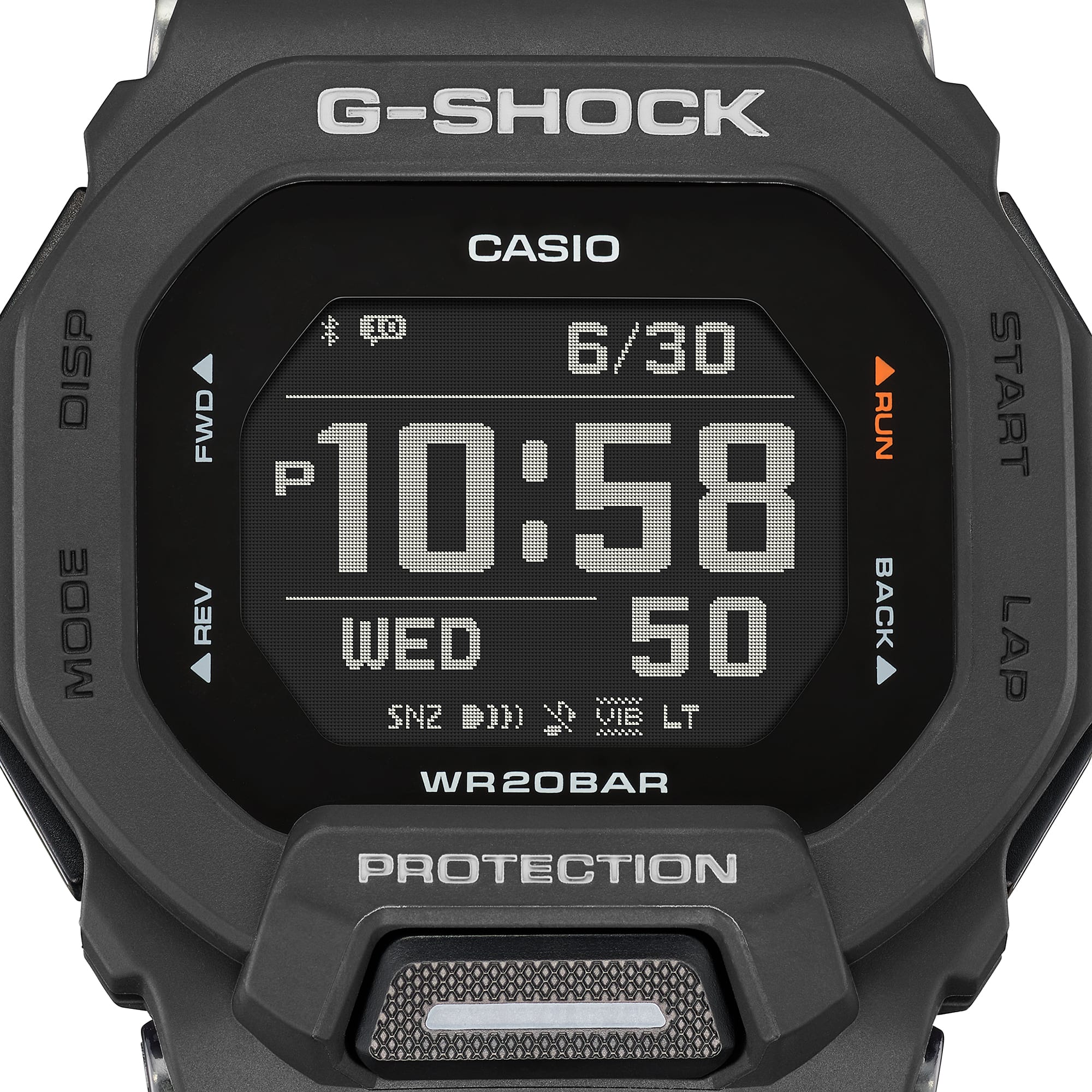G-SHOCK GBD200-1 mil-spec watch close-up of MIP LCD denoting watch style and display clarity.