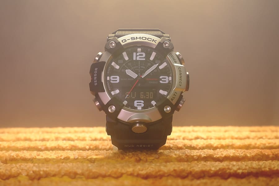G-SHOCK GGB100XM-1A mil-spec watch undergoing the MIL-STD-810 salt fog test denoting toughness.