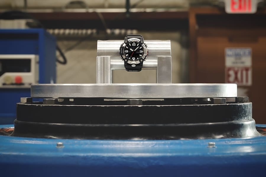 G-SHOCK GGB100XM-1A mil-spec watch undergoing the MIL-STD-810 random vibration test denoting toughness.