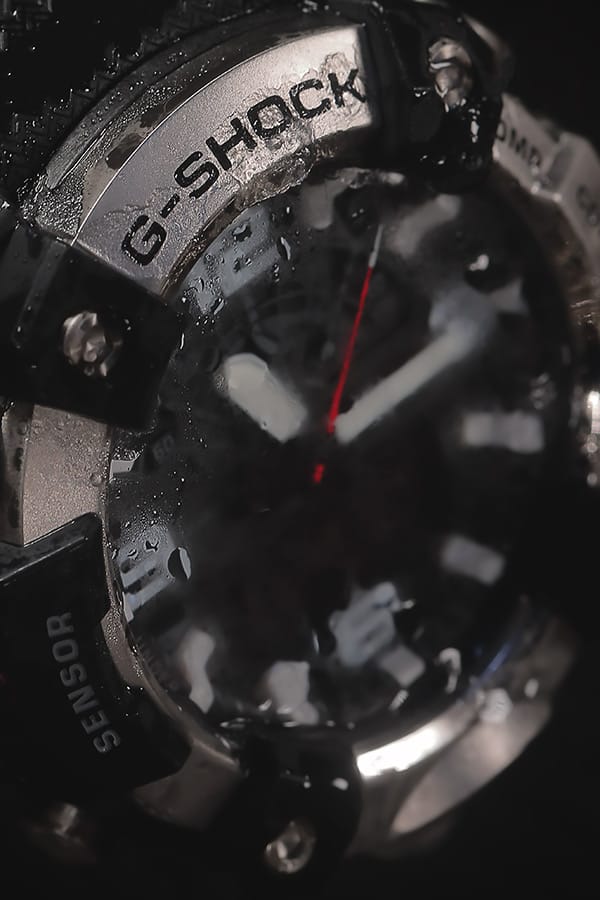 Close up of the G-SHOCK GGB100XM-1A mil-spec watch undergoing the MIL-STD-810 freeze/thaw test denoting toughness.