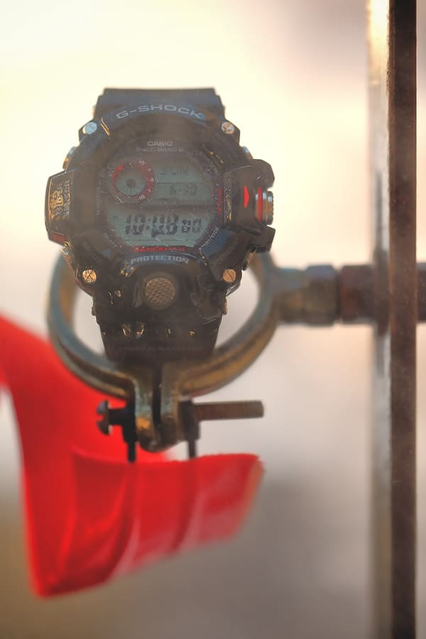 G-SHOCK Rangeman GW9400-1 mil-spec watch undergoing the MIL-STD-810 blowing rain test denoting toughness.