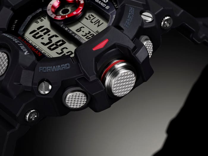 Side view of the G-SHOCK Rangeman GW9400-1 mil-spec watch denoting tough design and resistant materials.