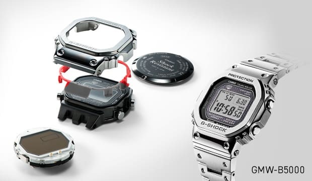 G-SHOCK GMWB5000 watch partially exploded view denoting full metal construction derived from original DW5000C.