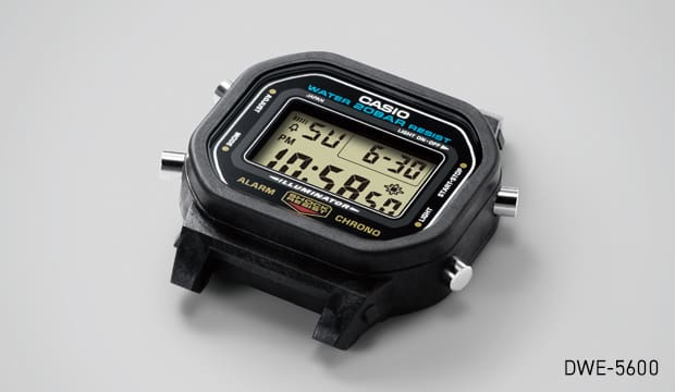 G-SHOCK DWE5600 digital watch case denoting the Carbon Core Guard structure.