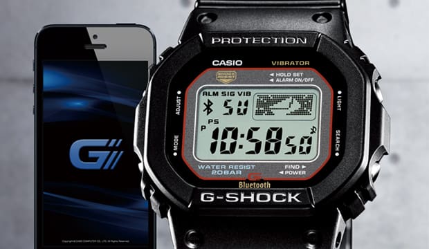 G-SHOCK 5000/5600 series digital watch with a smartphone denoting Bluetooth® connectivity.