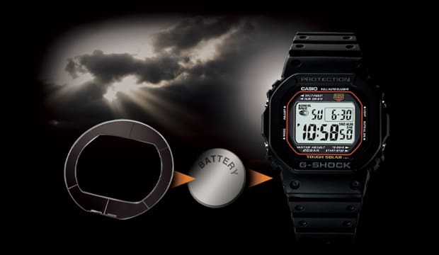 G-SHOCK 5000/5600 series watch with illustration of solar charging denoting charge function.