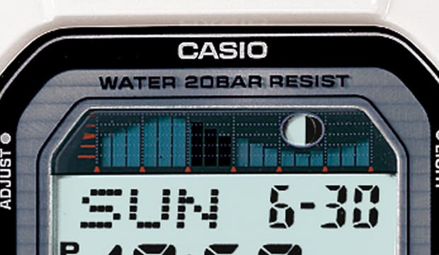 Close up of G-SHOCK 5000/5600 series digital watch with tide graph denoting additional functionality.
