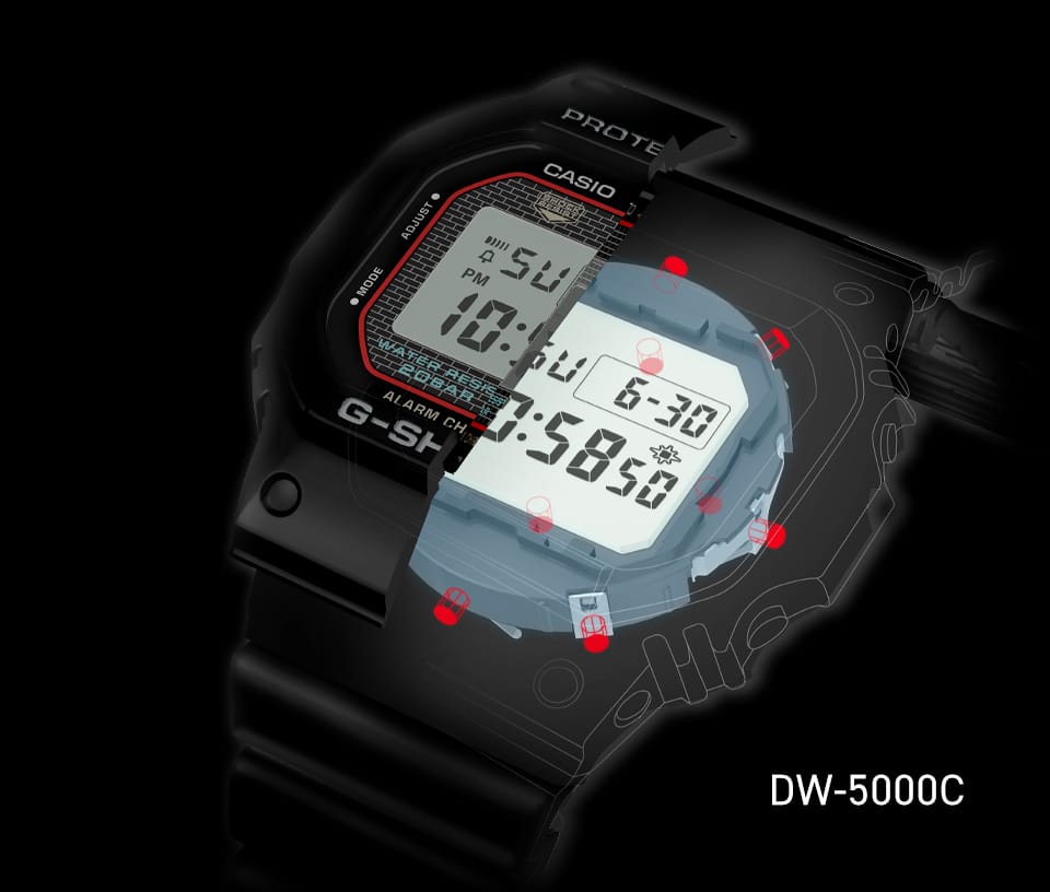 Illustration of G-SHOCK DW5000C watch case denoting the hollow case structure.