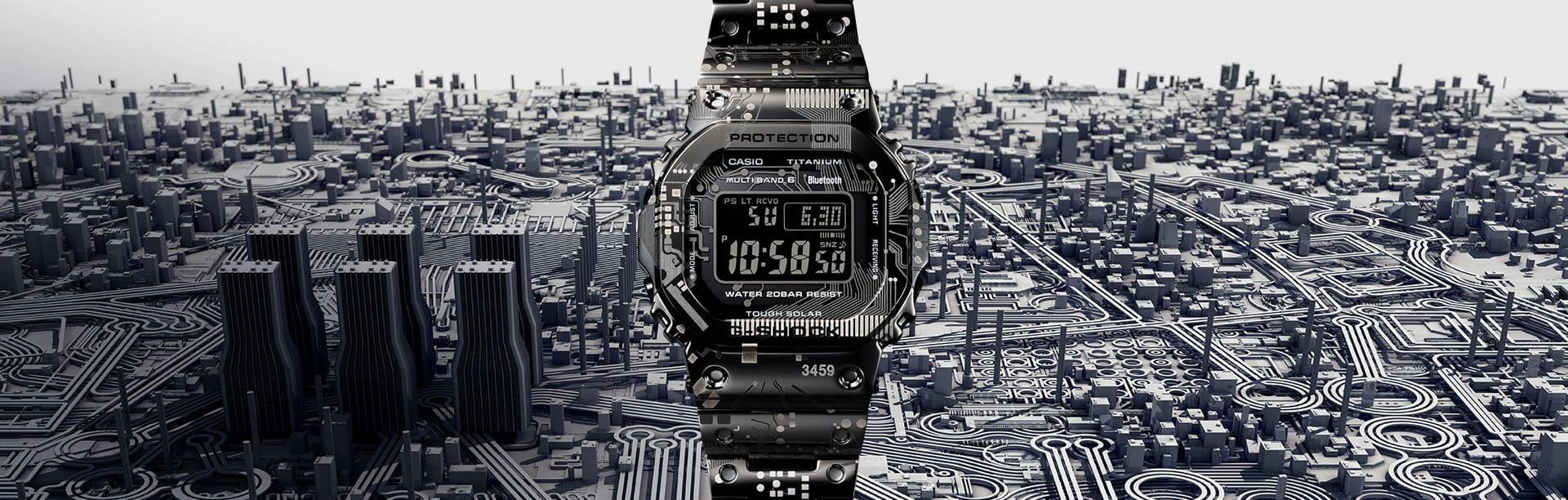 GMWB5000TCC-1 titanium digital watch on a 3D model of a circuit board