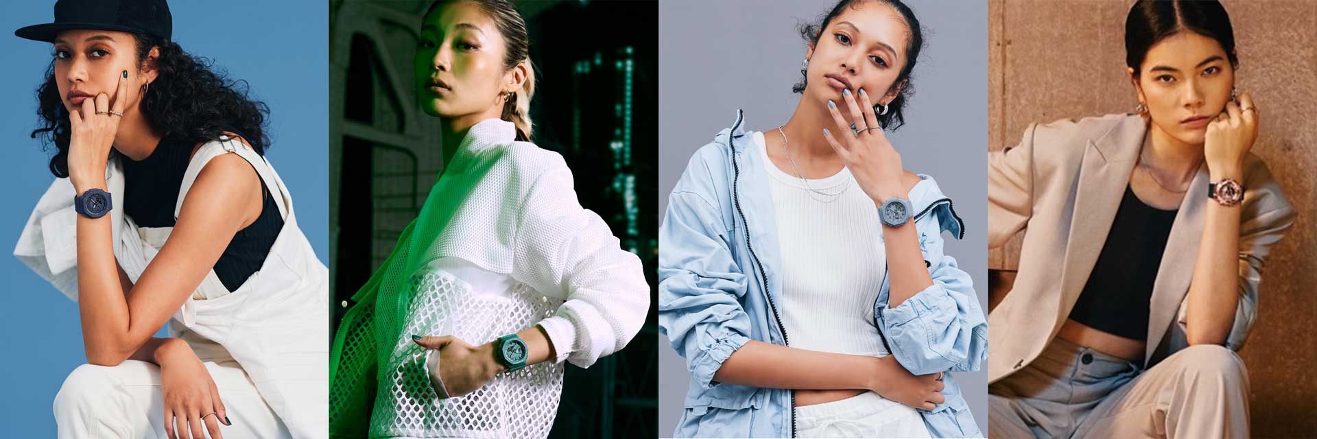 Four profiles of women each wearing a Women's G-SHOCK watch Four profiles of women each wearing a Women's G-SHOCK watch