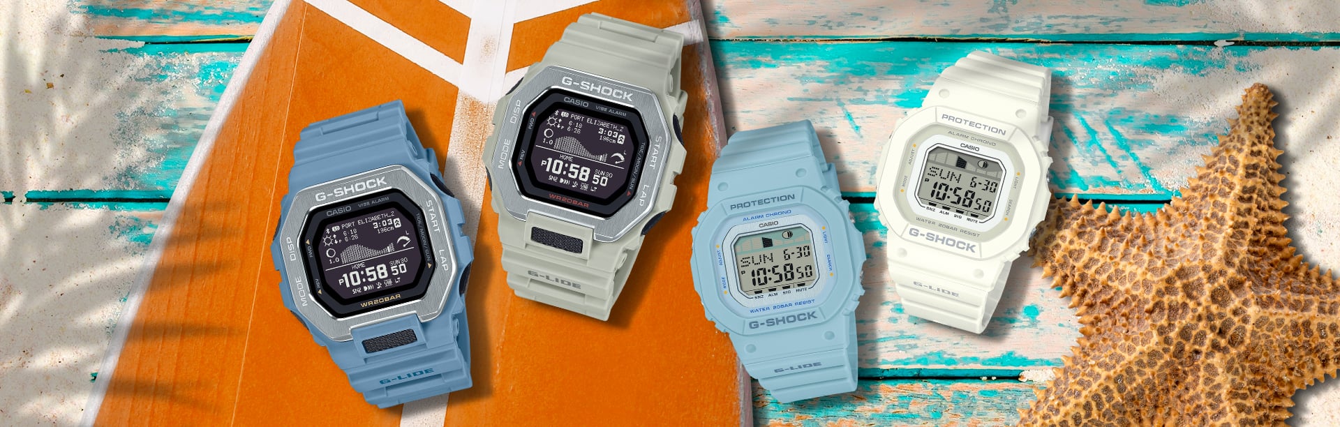 G-SHOCK G-LIDE surf watches GBX100 and GLXS5600 on a surf themed background with surfboard, and starfish