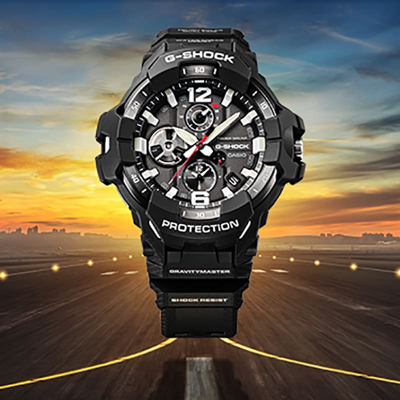 GRB300 on an airport runway while sun is low in the sky 