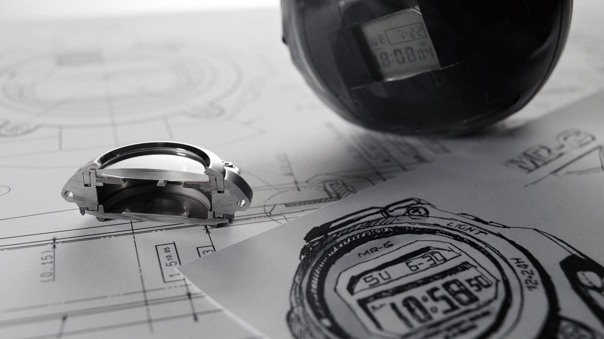 G-SHOCK MR-G technical drawing with watch cross section G-SHOCK MR-G technical drawing with watch cross section