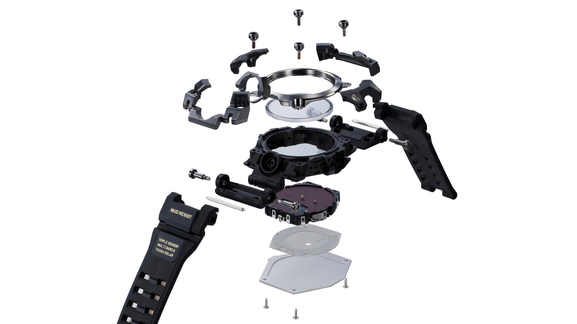 Exploded view of the G-SHOCK MUDMASTER GWGB1000 watch parts