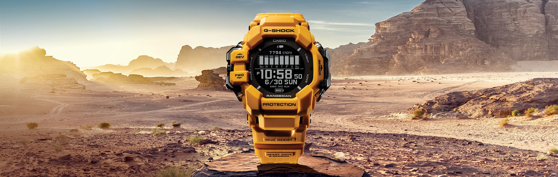 G-SHOCK Rangeman GPRH1000 outdoor watch against rugged background denoting toughness and style
