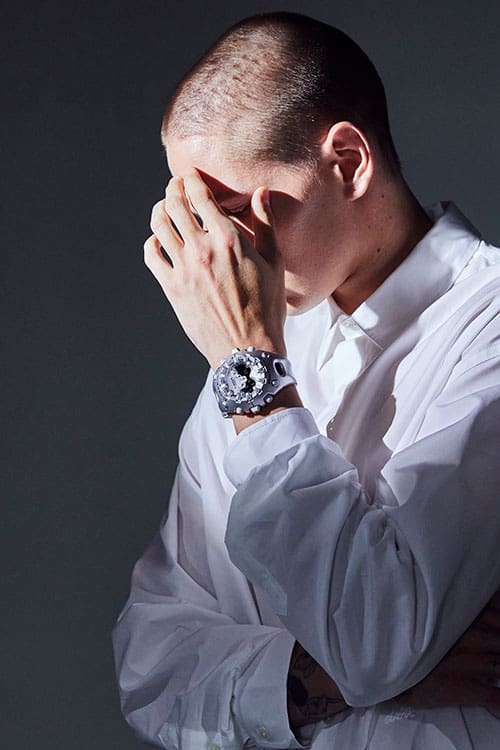 Fashion Photo, Model wearing G-SHOCK GA-V01-8A silver analog digital watch