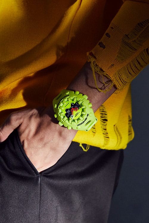 Fashion Photo, Model wearing G-SHOCK GA-V01-9A green analog digital watch
