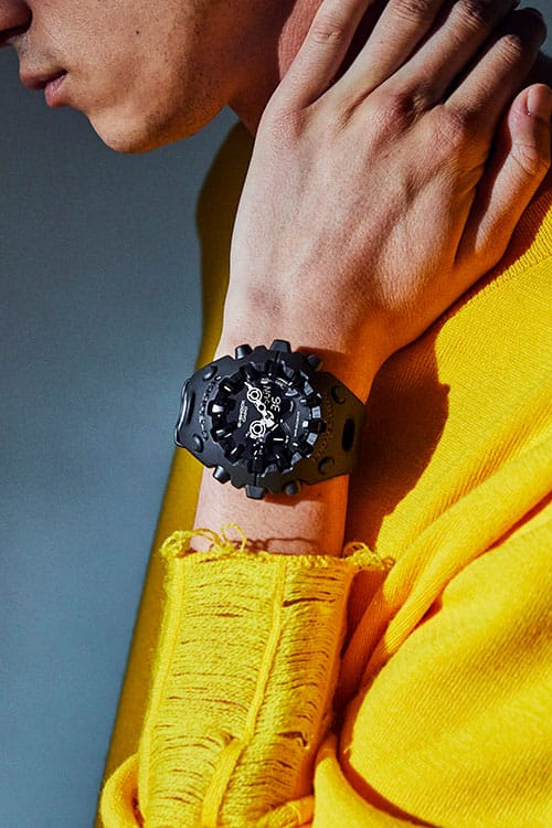 G-Shock Fashion Photo, Model wearing GA-V01-1A black analog digital watch