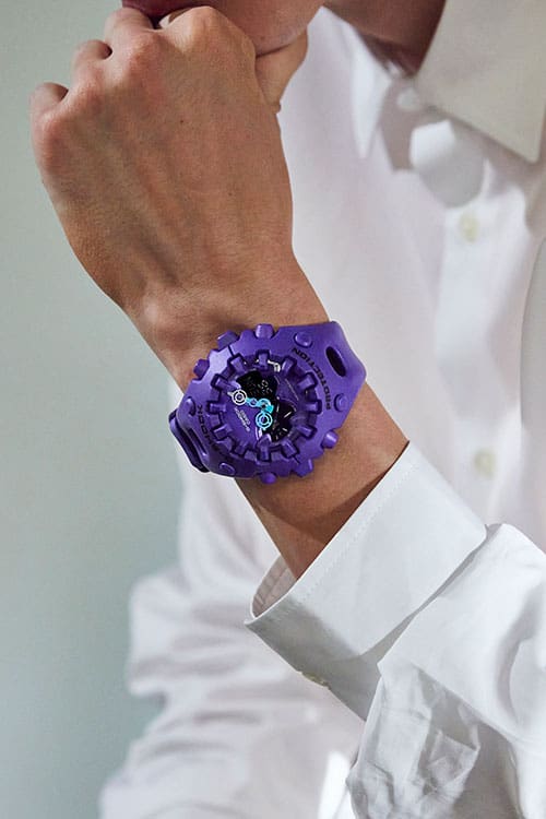 Fashion Photo, Model wearing G-SHOCK GA-V01-2A purple analog digital watch