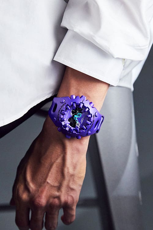 G-Shock Fashion Photo, Model wearing GA-V01-2A purple analog digital watch