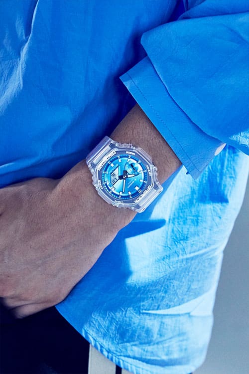 G-Shock Fashion Photo, Model wearing GA2100BM-7A2 blue dialed  analog digital watch