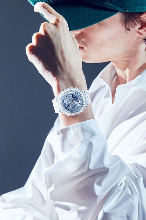 G-Shock Fashion Photo, Model wearing GA2100BM-7A5 silver dialed  analog digital watch