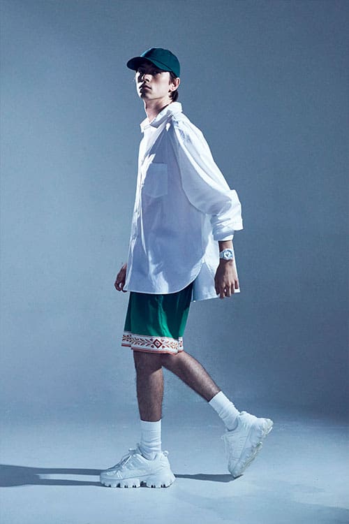 G-Shock Fashion Photo, Model wearing GA2100BM-7A5 silver dialed  analog digital watch