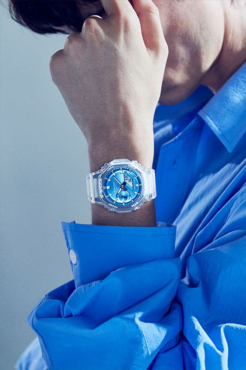 G-Shock Fashion Photo, Model wearing GA2100BM-7A2 blue dialed analog digital watch