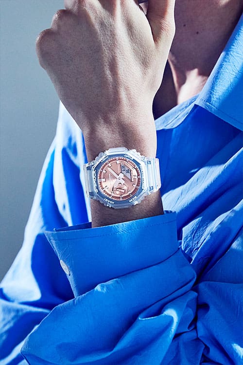 G-Shock Fashion Photo, Model wearing GA2100BM-7A5 rose gold dialed  analog digital watch