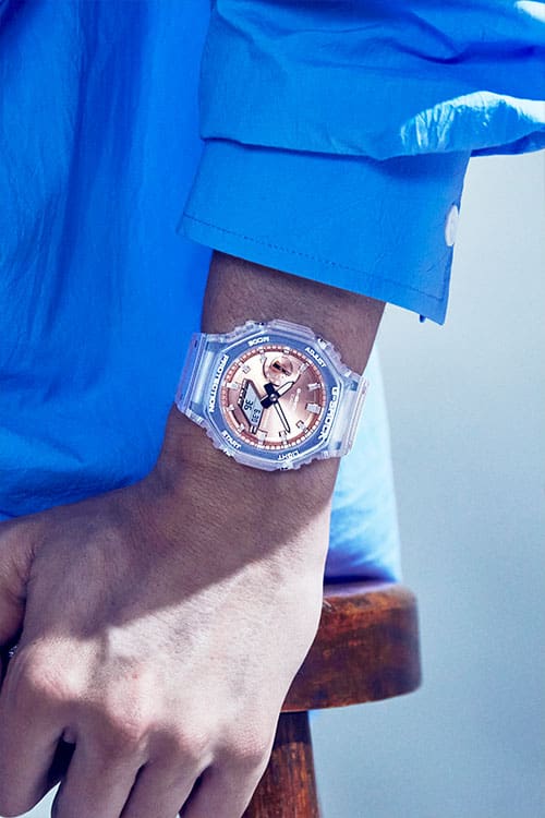 G-Shock Fashion Photo, Model wearing GA2100BM-7A5 rose gold dialed  analog digital watch