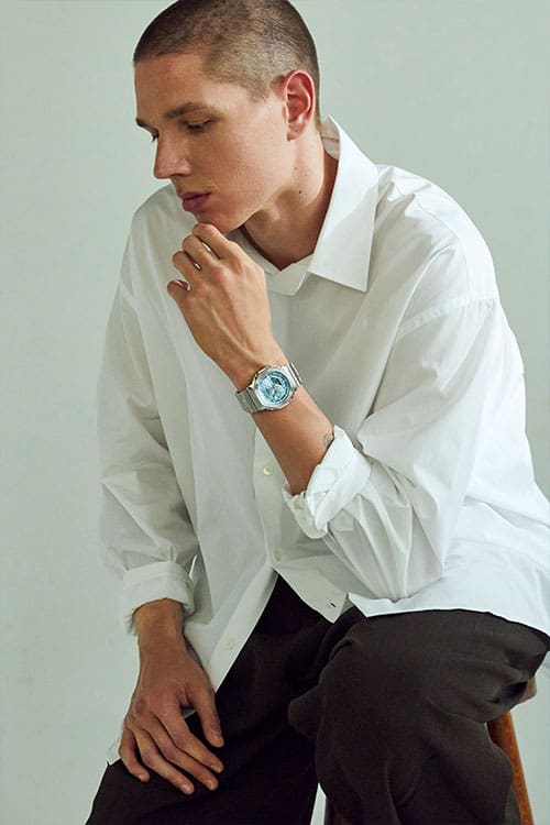 G-Shock Fashion Photo, Model wearing GM2110D-2A blue dialed analog digital watch