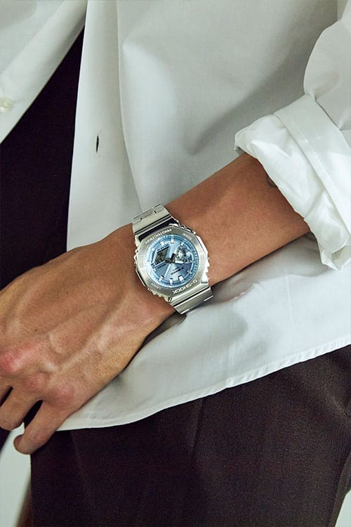 G-Shock Fashion Photo, Model wearing GM2110D-2A blue dialed analog digital watch