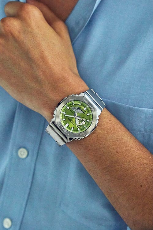 G-Shock Fashion Photo, Model wearing GM2110D-3A green  dialed analog digital watch