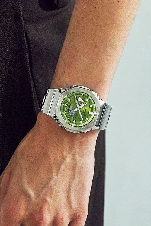 G-Shock Fashion Photo, Model wearing GM2110D-3A green  dialed analog digital watch